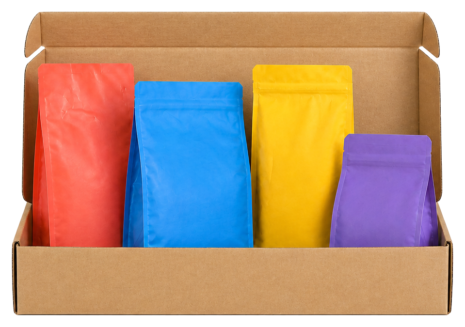 Open cardboard coffee box with three full-size coffee bags and one smaller sample bag